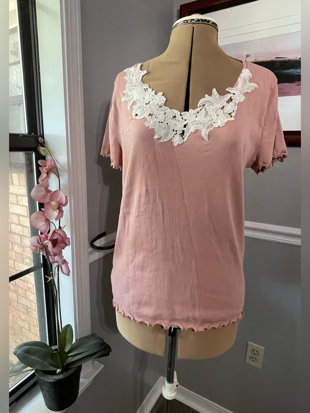 LOFT Dusty Pink Short Sleeve Blouse with White Lace V-Neck